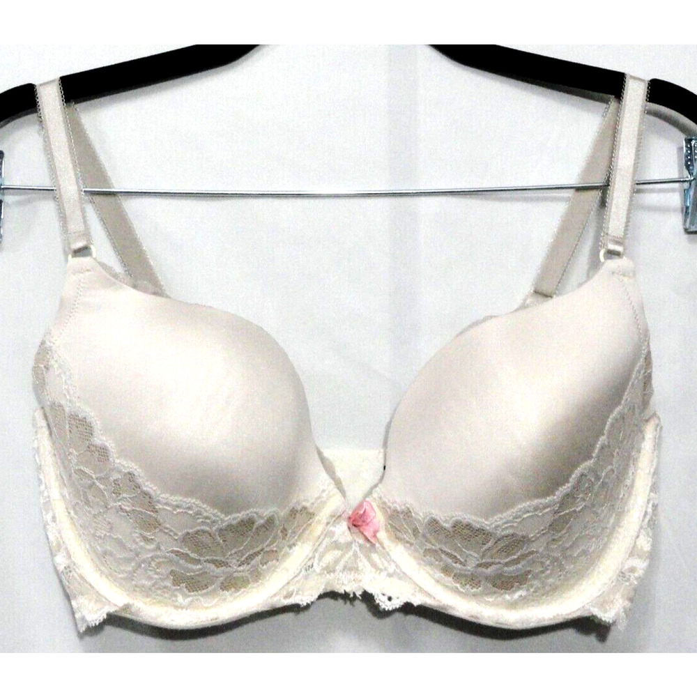 Adore Me Bra Ivory Lace Back Closure Pushup Pink Bow Women's Size 34DDD